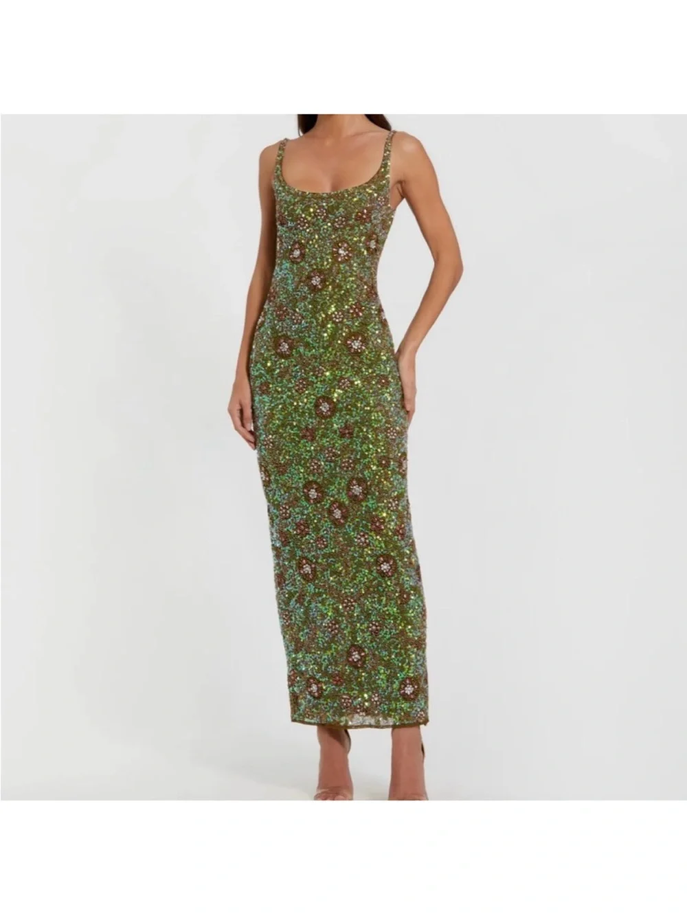 Mac Duggal Green Sleeveless Hand Embellished Floral Maxi Dress Size 2 - Picture 1 of 3